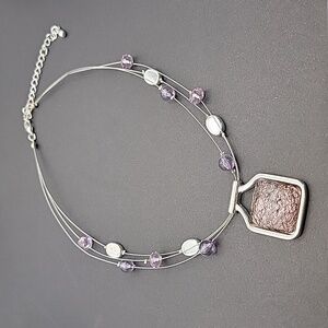 Vintage Purple and Silver Beaded 15 in. Necklace with Purple Pendant